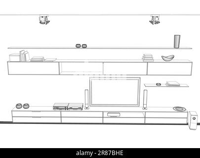 Delineare il design interno di un soggiorno bianco. Design degli interni con soggiorno moderno in disegno a linee nere su sfondo bianco, illustrazione vettoriale. Illustrazione Vettoriale