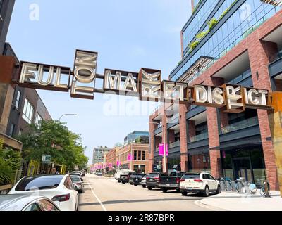 Il Fulton Market District si trova sul lato occidentale di Chicago e offre molti ristoranti, parchi ed eventi famosi tutto l'anno. Foto Stock