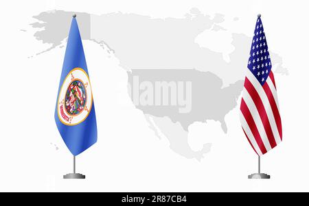 Bandiere del Minnesota USA e USA per l'incontro ufficiale sullo sfondo della mappa mondiale. Illustrazione Vettoriale