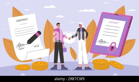 Le persone firmano il contratto. Cooperazione tra le due parti. Partner che firmano documenti importanti. Gli uomini d'affari si stringono le mani. Contratto certificato. Conclusione dell'accordo. Illustrazione Vettoriale