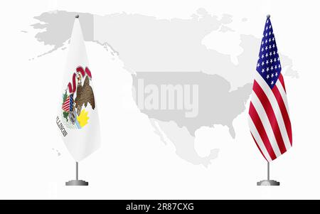 Bandiere degli Stati Uniti e degli Stati Uniti dell'Illinois per l'incontro ufficiale sullo sfondo della mappa mondiale. Illustrazione Vettoriale