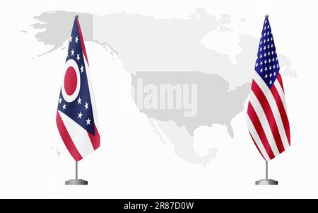 Bandiere degli Stati Uniti e degli Stati Uniti dell'Ohio per l'incontro ufficiale sullo sfondo della mappa mondiale. Illustrazione Vettoriale