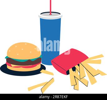 Piatti fast food isolati su sfondo bianco. hamburger, patatine fritte, soda con una paglia. Illustrazione vettoriale .in stile piatto. Illustrazione Vettoriale