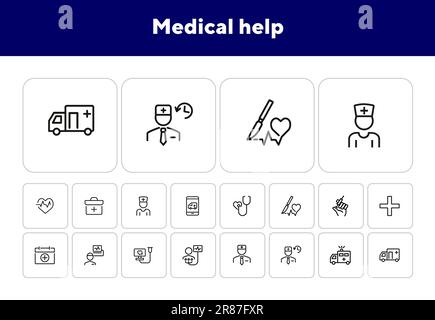 Set di icone della linea di assistenza medica. Stetoscopio, iniezione Illustrazione Vettoriale