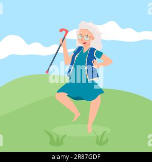 Donna anziana allegra e divertente. Donna anziana che cammina nel prato. Nonna carina con canna. Nonno allegro in piedi sul prato. Granny rilassante Illustrazione Vettoriale