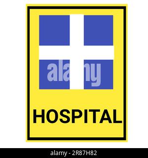 cartello dell'ospedale con sfondo giallo. quadrato blu con design a croce bianco medio. Foto Stock