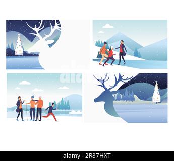 Set di vacanze invernali con la famiglia Illustrazione Vettoriale