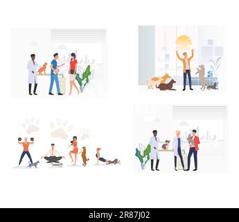 Set di proprietari di animali domestici che si prendono cura degli animali domestici Illustrazione Vettoriale