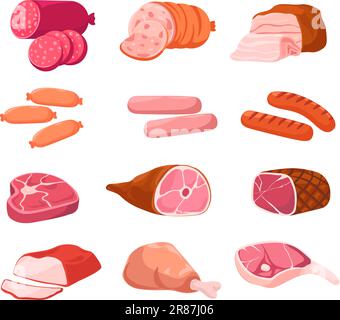 Varietà di carne e assortimento nel negozio di macelleria Illustrazione Vettoriale