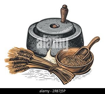 Macine manuali per grano con supporto manico, spighe di grano, cereali. Cottura e cottura della farina, ingredienti alimentari. Vettore Illustrazione Vettoriale