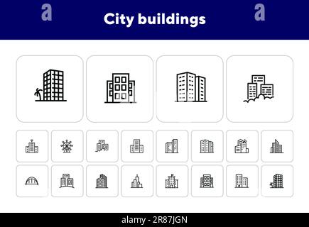 Set di icone delle linee degli edifici della città Illustrazione Vettoriale