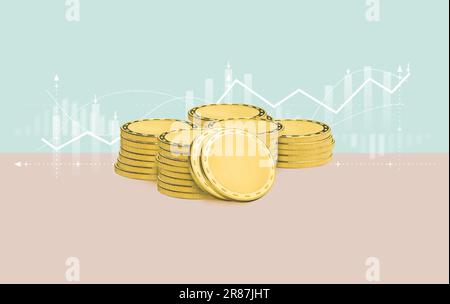 Pila di monete d'oro sullo sfondo delle carte finanziarie. Illustrazione 3D Foto Stock