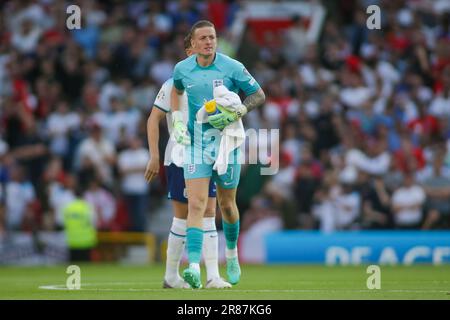 Manchester, Regno Unito. 19th giugno, 2023. Jordan Pickford of England *** durante il 2024 UEFA EURO qualificatori partita tra l'Inghilterra e la Macedonia del Nord a Old Trafford, Manchester, Inghilterra il 19 giugno 2023. Foto di Simon Hall. Solo per uso editoriale, licenza richiesta per uso commerciale. Non è utilizzabile nelle scommesse, nei giochi o nelle pubblicazioni di un singolo club/campionato/giocatore. Credit: UK Sports Pics Ltd/Alamy Live News Foto Stock