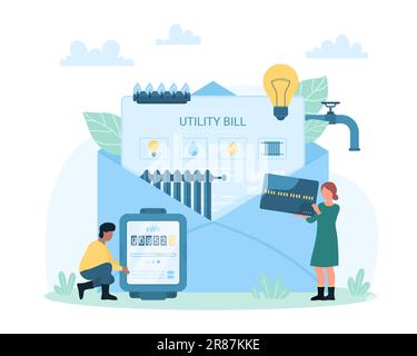 Pagamento per illustrazione vettore servizi di pubblica utilità. Cartoon persone piccole tenere contatore elettrico e carta di credito per pagare per il consumo ricorrente di elettricità, gas e acqua, carta di credito bolletta pubblica in busta postale Illustrazione Vettoriale