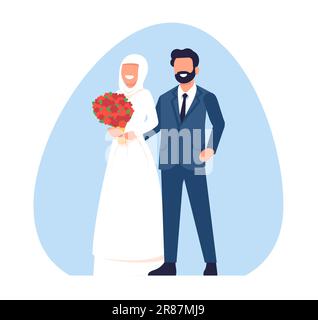 Coppia di nozze musulmane. Sposa e sposo felici. Abito da vacanza e abito. Celebrazione islamica del matrimonio. Sposi novelli arabi. Ritratto di moglie e marito. Flowe Illustrazione Vettoriale