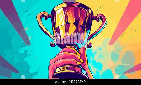 Mano che tiene un trofeo dorato lucido su uno stile pop art sfondo colorato, illustrazione vettoriale. Illustrazione Vettoriale
