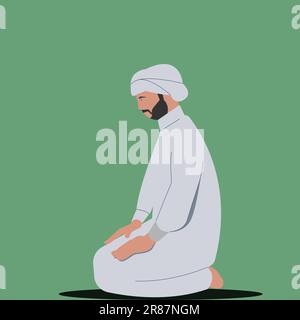 Uomo musulmano che prega alla moschea piano arte design personaggio concetto. Illustrazione vettoriale. Illustrazione Vettoriale