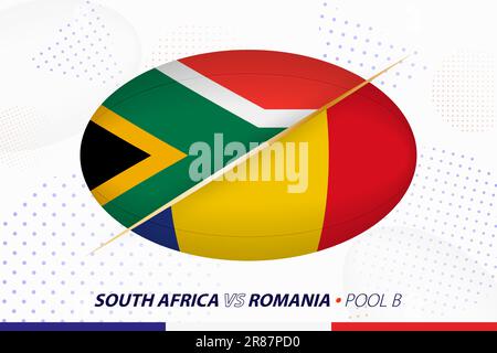 Partita di rugby tra Sudafrica e Romania, concetto per torneo di rugby. Flag vettoriali stilizzati a forma di sfera ovale. Illustrazione Vettoriale