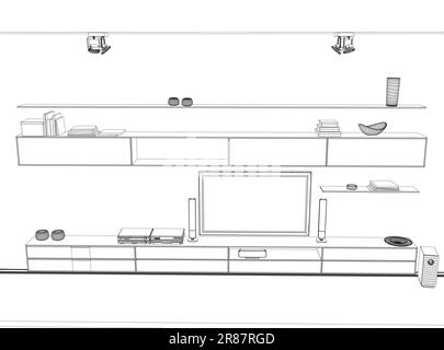 Wireframe Design interno di un soggiorno bianco. Design degli interni con soggiorno moderno in disegno linea nera su sfondo bianco, vettore illustratio Illustrazione Vettoriale