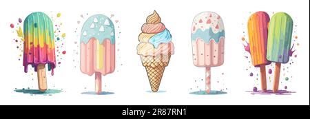 Coni di gelato disegnati a mano e popsicles vettore Illustrazione Vettoriale