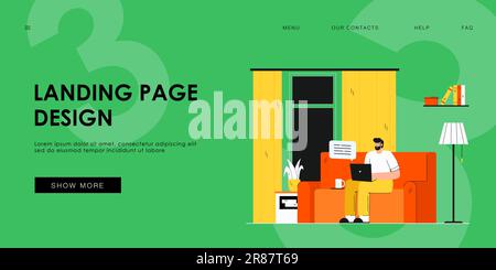 Uomo positivo seduto sul divano e al lavoro sul computer portatile Illustrazione Vettoriale