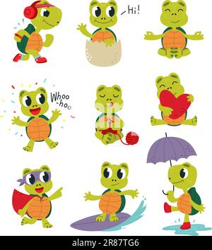 Tartarughe da cartone animato, tartarughe comiche che camminano. Felice e divertente tartaruga varie pose. Simpatici animali marini riposano e fanno jogging, hobby e amano i personaggi vettoriali di classe Illustrazione Vettoriale