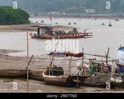 Semplice traghetto auto attraversando un fiume nella provincia di Thanh Hoa in Vietnam con passeggeri e un paio di moto a bordo. barche da pesca in barca nel fo Foto Stock