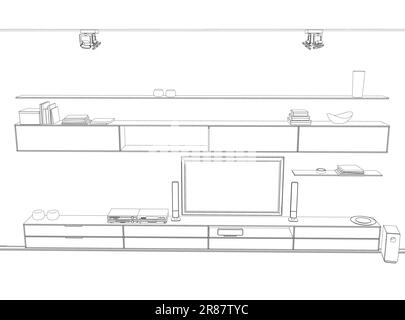 Delineare il design interno di un soggiorno bianco. Design degli interni con soggiorno moderno in disegno a linee nere su sfondo bianco, illustrazione vettoriale. Illustrazione Vettoriale