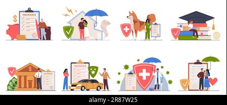 Assicurazione contro gli infortuni. Investimenti finanziari in diversi ambiti di vita, le persone si prendono cura di proprietà, salute e animali domestici. Protezione e documento di sicurezza Illustrazione Vettoriale