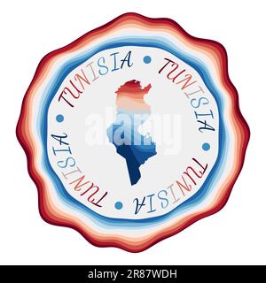 Badge Tunisia. Mappa del paese con belle onde geometriche e vivace cornice blu rosso. Logo Tunisino rotondo vivace. Illustrazione vettoriale. Illustrazione Vettoriale