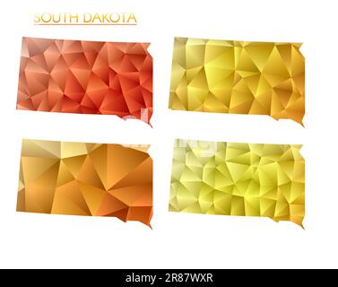 Insieme di mappe poligonali vettoriali del South Dakota. Mappa a gradiente luminoso dello stato degli Stati Uniti in stile poly basso. Illustrazione Vettoriale