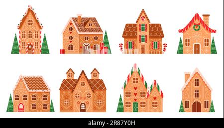 Le case di pan di zenzero impostano l'illustrazione del vettore. Cartone animato isolato zenzero cookie e dolce caramella collezione per la carta di auguri, carino villaggio inverno cottage con zucchero a velo e decorazione casa di cioccolato Illustrazione Vettoriale