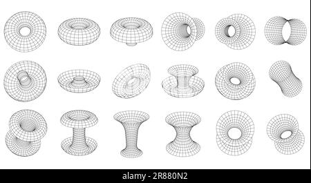 Astratto Strana struttura a reticolo 3D forme. Torus, fori neri, tubi, imbuti. Griglia distorta, mesh 3D. Set di diversi elementi grafici vettoriali nella Illustrazione Vettoriale