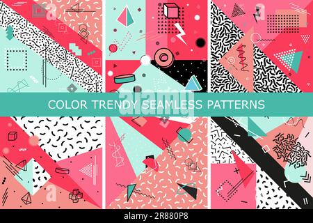 Set di pattern vettoriali astratti con forme geometriche. Luminosi sfondi alla moda. Stile retrò, moda 80-90s. Illustrazione Vettoriale
