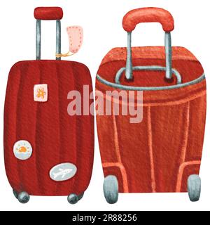 Set di valigette decorate con adesivi e badge. Concetto di viaggio rosso donna. Roba di vacanza. Borsa retrò disegnata a mano. Bagagli turistici. Acquerello Foto Stock