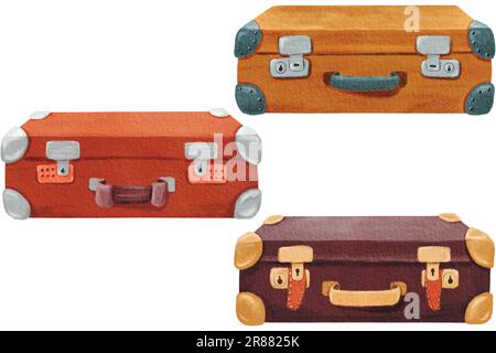 Set di eleganti valigie in stile retrò marrone con inserti, codice digitale. Valigia portadocumenti in pelle d'epoca. Materiale da viaggio. Borsa retrò disegnata a mano. Turistico Foto Stock
