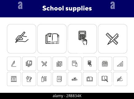Set di icone della linea dei materiali di consumo per la scuola. Notebook, calcolatrice Illustrazione Vettoriale