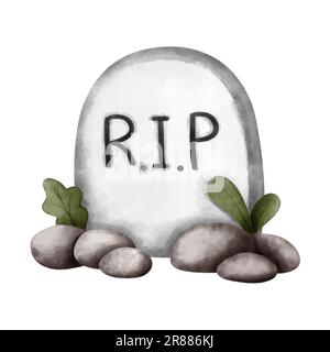 Cimitero di halloween ad acquerello. Illustrazione del cimitero di Halloween isolata su sfondo bianco. Decorazione di Halloween, biglietti d'auguri, cartoline. Foto Stock