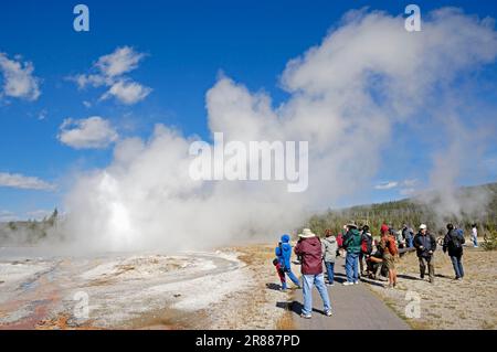 Turisti che guardano l'eruzione di Daisy Geyser, Upper Geyser Basin, Yellowstone National Park, Wyoming, USA Foto Stock