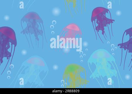 Meduse e bolle d'aria multicolore su sfondo blu, pattern vettoriale senza cuciture Illustrazione Vettoriale