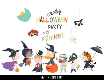 Set di ragazzi e ragazze multirazziali, con costumi di Halloween isolati su sfondo bianco Illustrazione Vettoriale