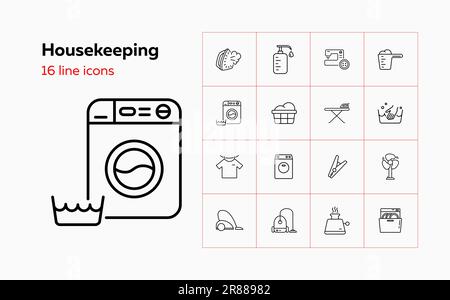 Set di icone della linea di pulizia. Cucire, stirare Illustrazione Vettoriale