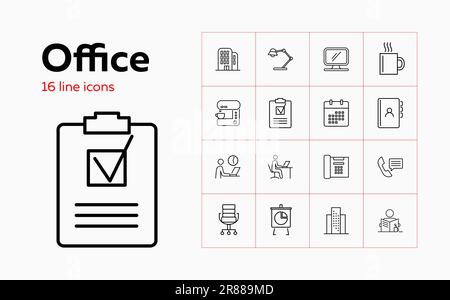 Set di icone linea ufficio. Lampada, costruzione, cancelleria. Concetto di lavoro da scrivania. Può essere utilizzato per argomenti quali lavoro, luogo di lavoro, pianificazione Illustrazione Vettoriale