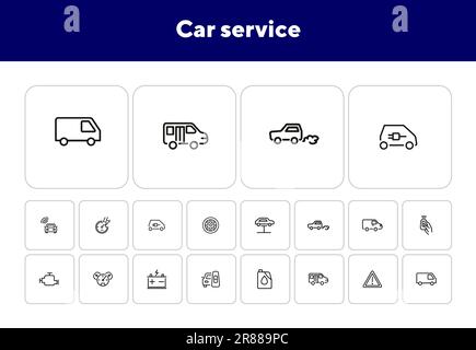 Set di icone della linea di assistenza auto. Sollevatore, batteria, furgone Illustrazione Vettoriale