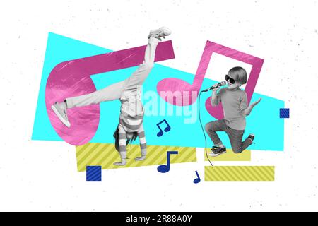 Illustrazione schizzo 3D collage di spensierato felice bambini hanno divertimento danza capovolto stand mani cantare canzone isolata su sfondo di colore bianco Foto Stock