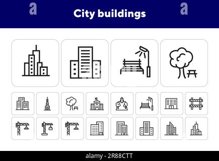 Set di icone delle linee degli edifici della città Illustrazione Vettoriale
