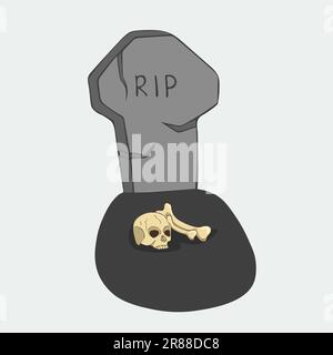 Lapide grigia disegnata a mano con cranio e ossa. Illustrazione Vettoriale