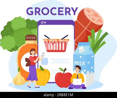 Negozio di alimentari Shopping Vector Illustrazione con cibi Articoli e prodotti Assortimento sul supermercato in Cartoon piano modelli disegnati a mano Illustrazione Vettoriale