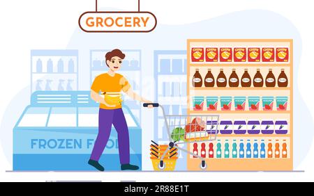 Negozio di alimentari Shopping Vector Illustrazione con cibi Articoli e prodotti Assortimento sul supermercato in Cartoon piano modelli disegnati a mano Illustrazione Vettoriale