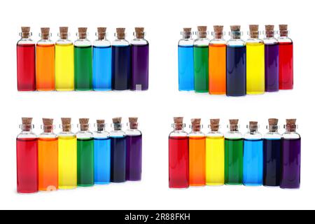 Collage di bottiglie di vetro con diversi coloranti alimentari isolato su bianco Foto Stock
